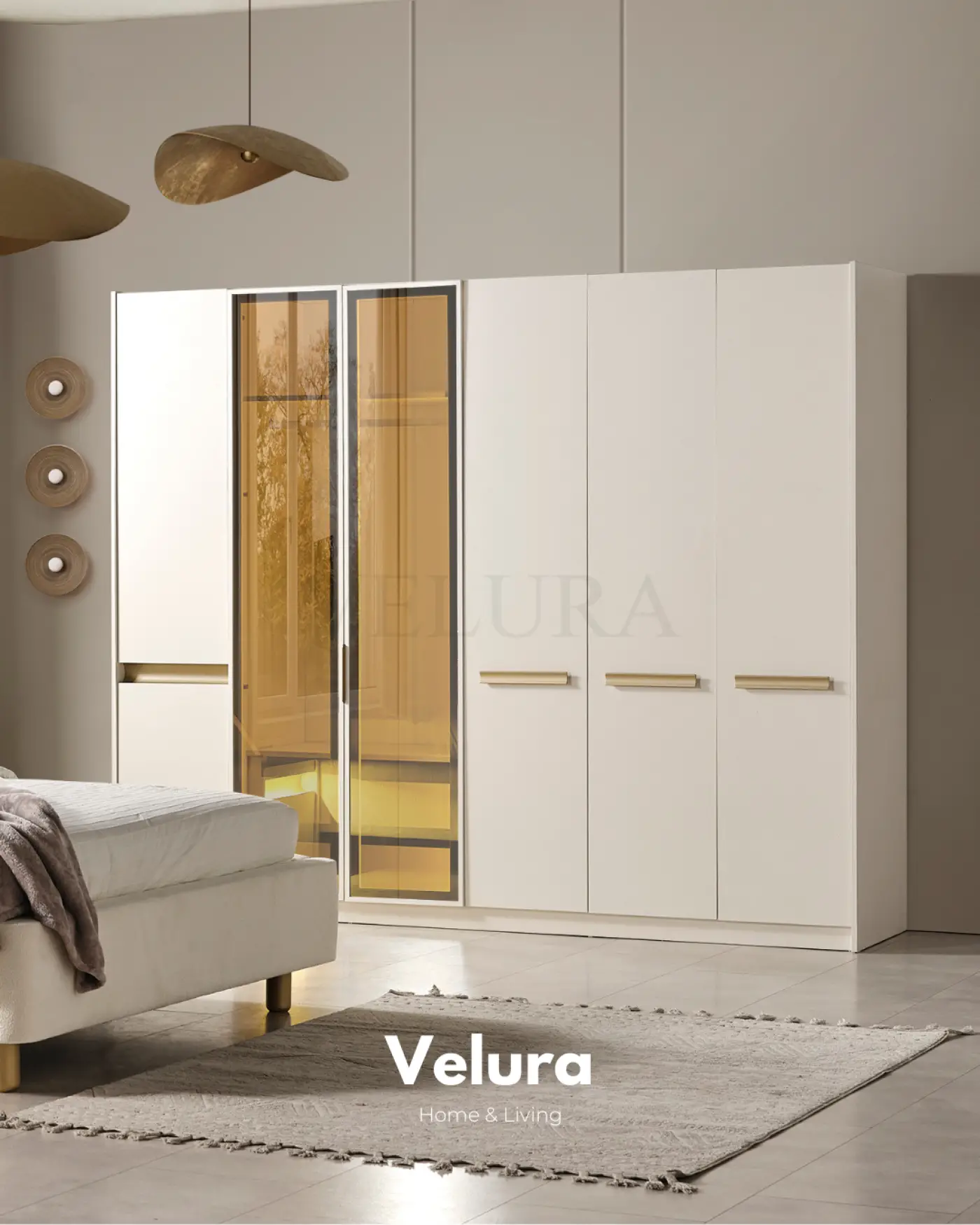 Krem modern Bern yatak odası takımı reflektif dolaplı set görünümü