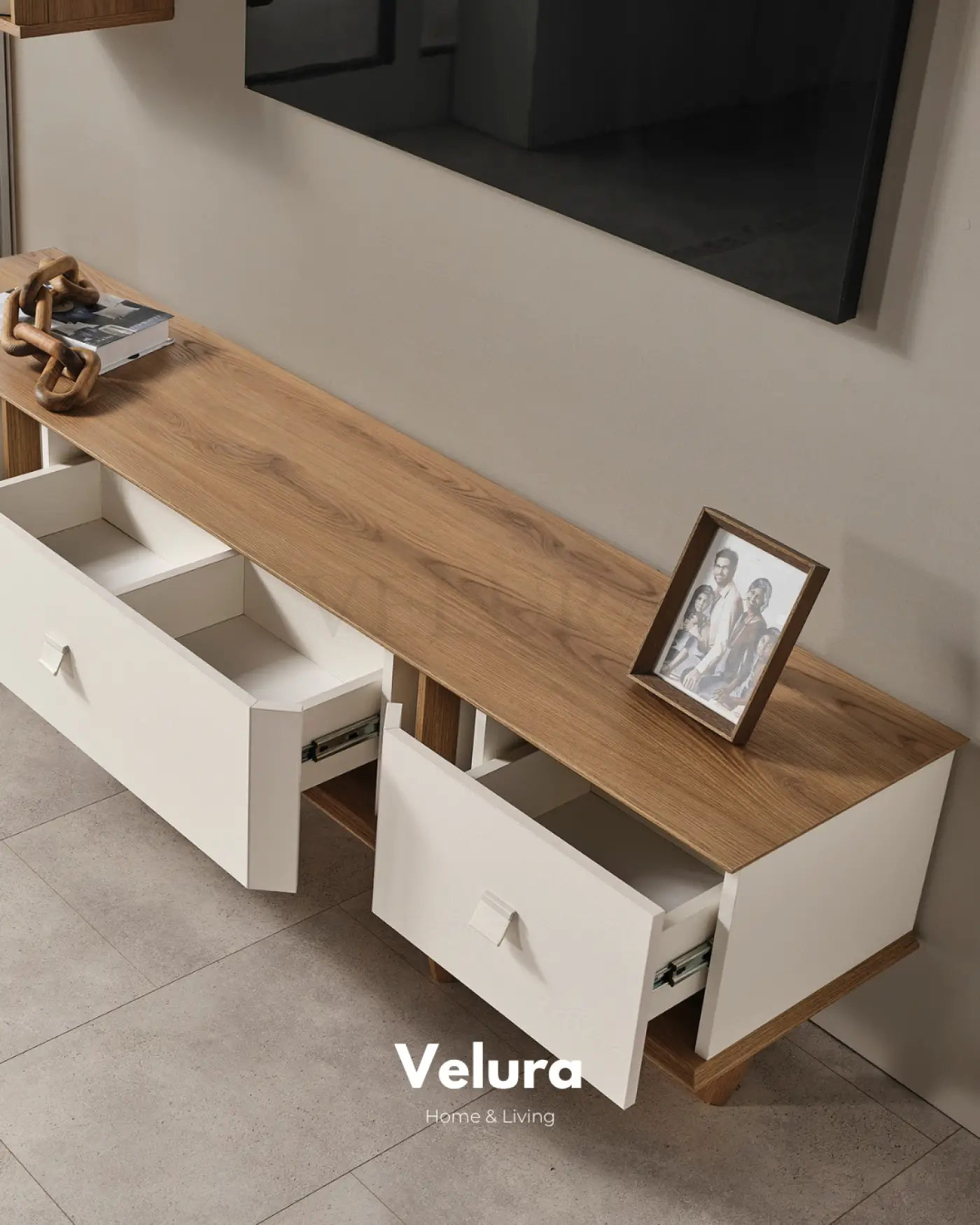 Kolezyum Tv Ünitesi Krem ve Naturel şömine seçenekli modern tv ünitesi