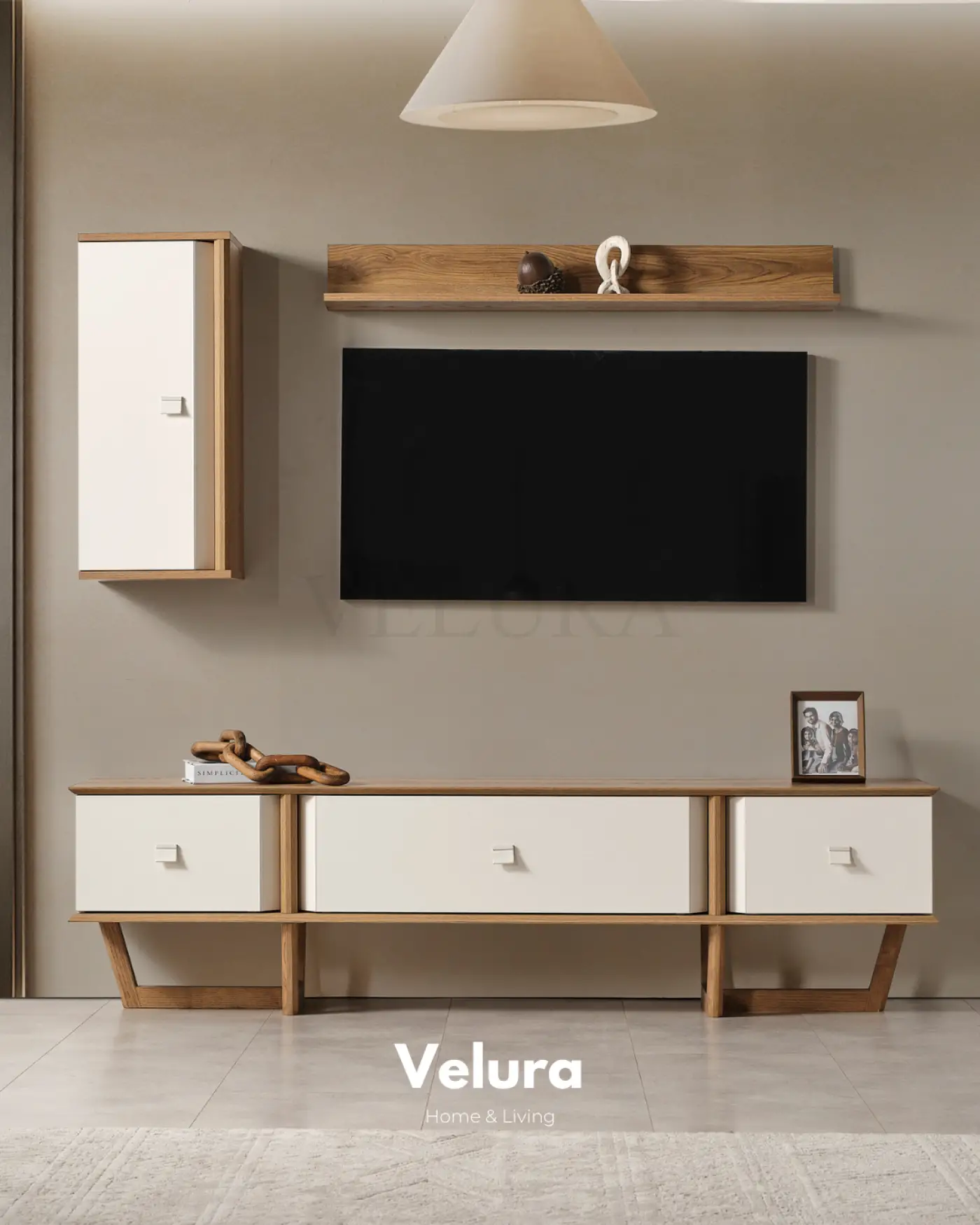 Kolezyum Tv Ünitesi Krem ve Naturel şömine seçenekli modern tv ünitesi