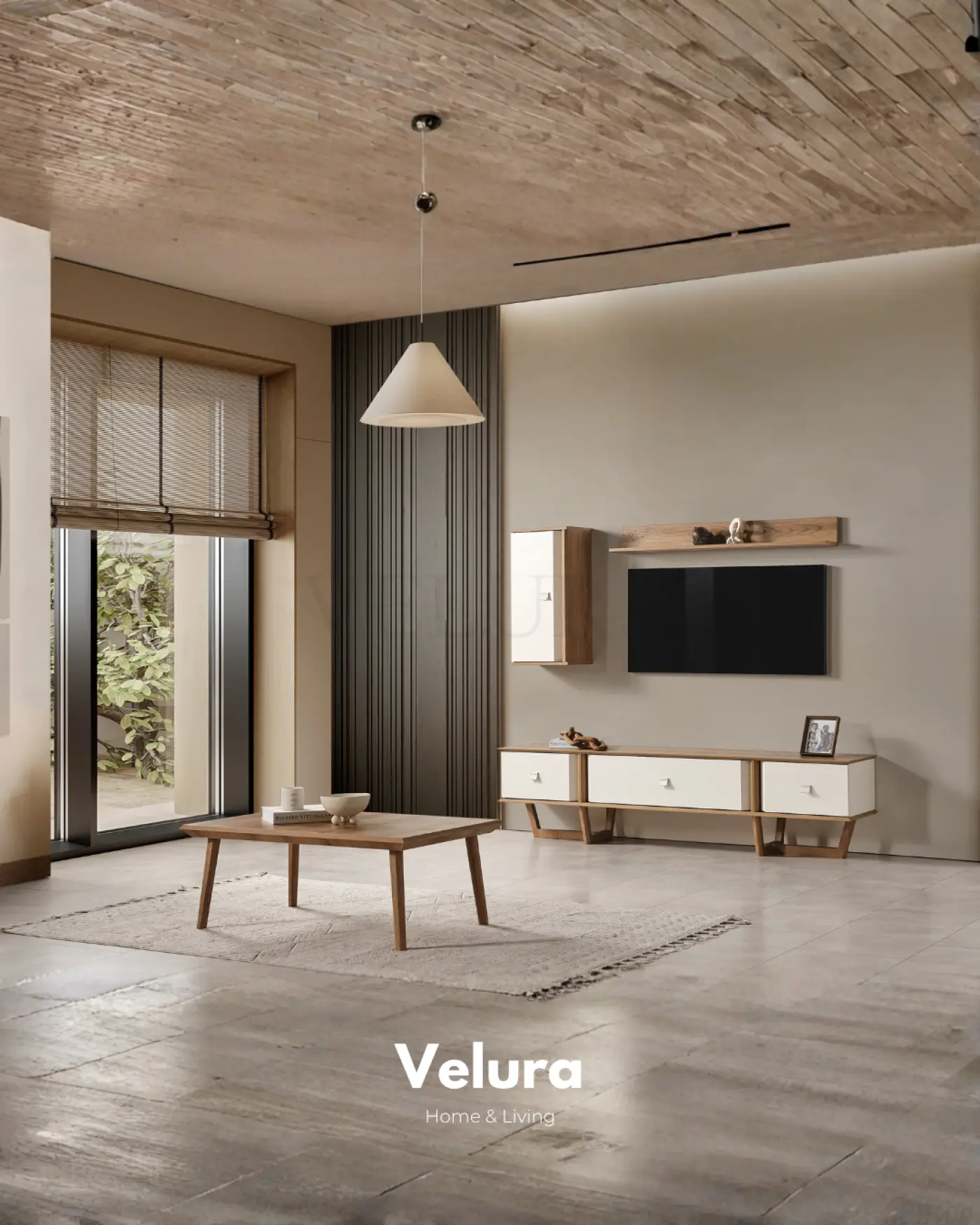 Kolezyum Orta Sehpa Krem ve Naturel ahşap ayaklı modern sehpa
