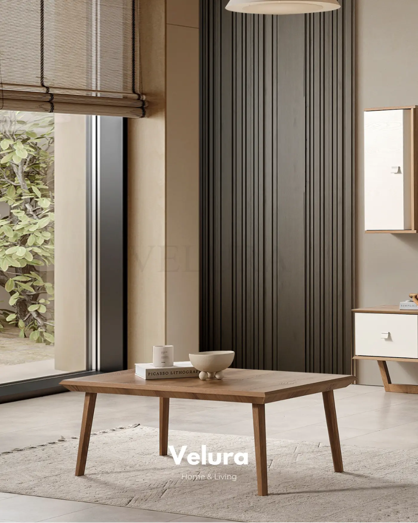 Kolezyum Orta Sehpa Krem ve Naturel ahşap ayaklı modern sehpa