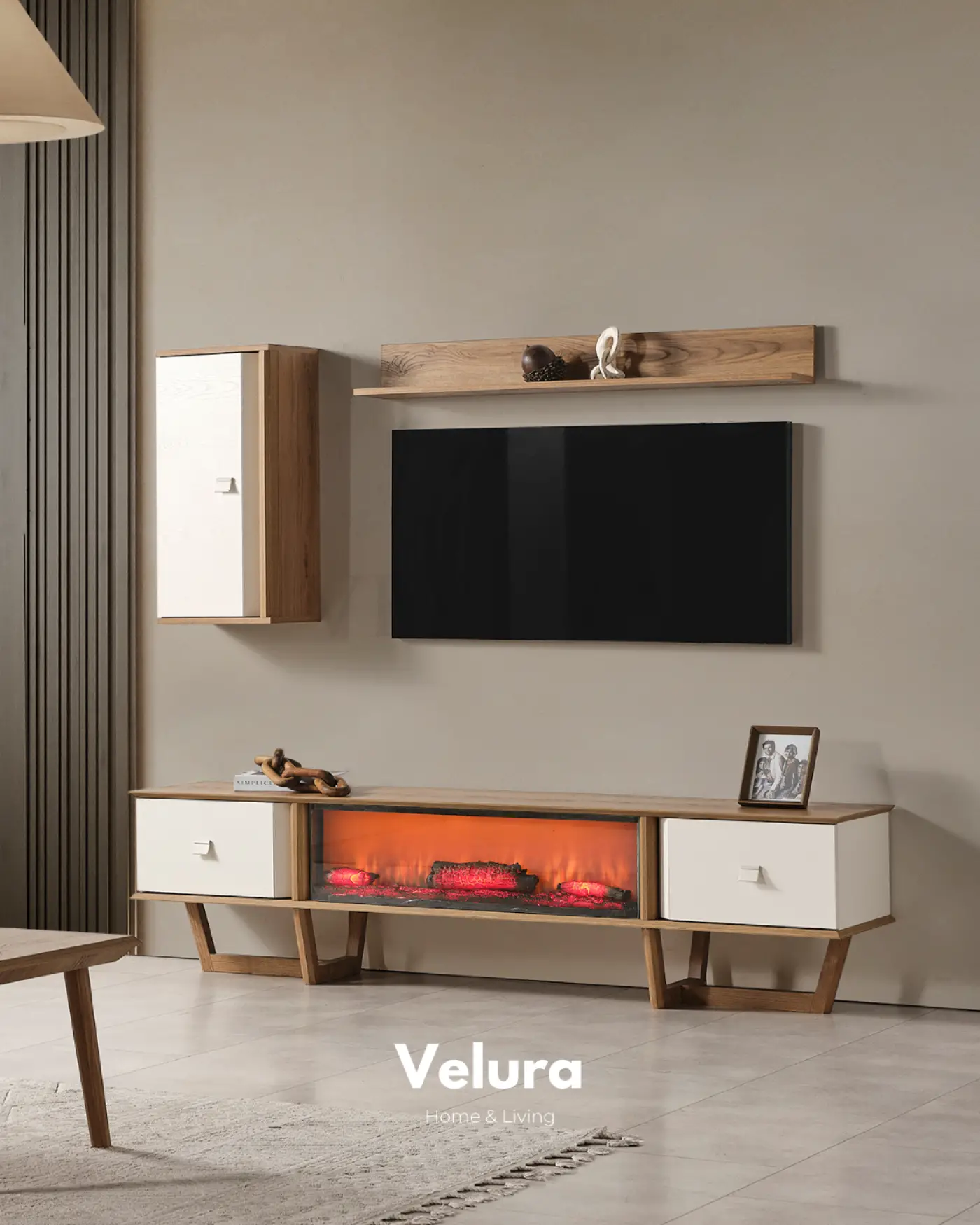 Kolezyum Tv Ünitesi Krem ve Naturel şömine seçenekli modern tv ünitesi