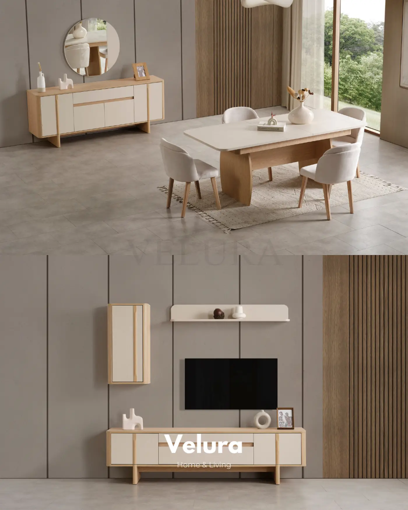 Eylül Yemek Masası Naturel Meşe ve Krem açılabilir modern yemek masası