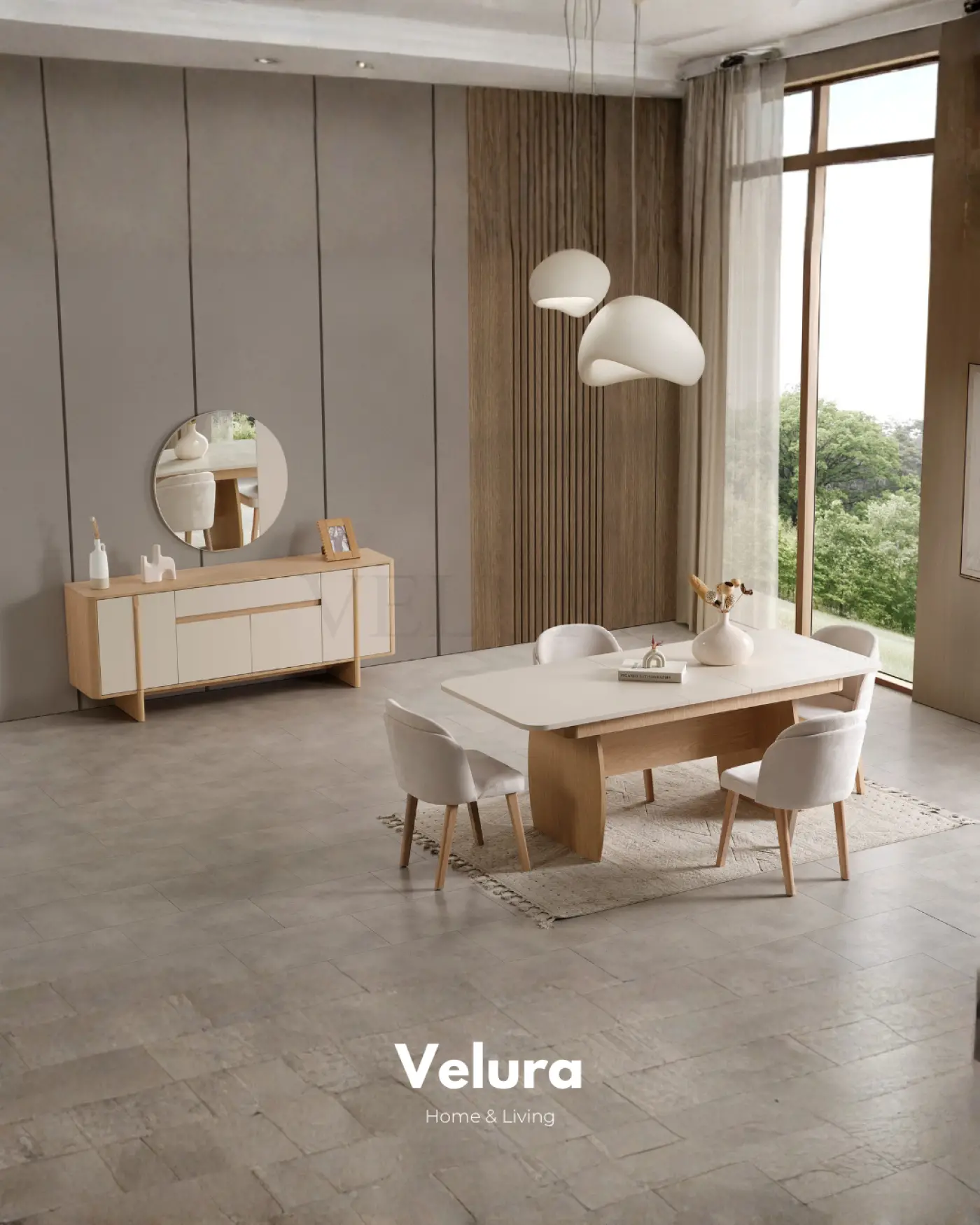 Eylül Yemek Masası Naturel Meşe ve Krem açılabilir modern yemek masası