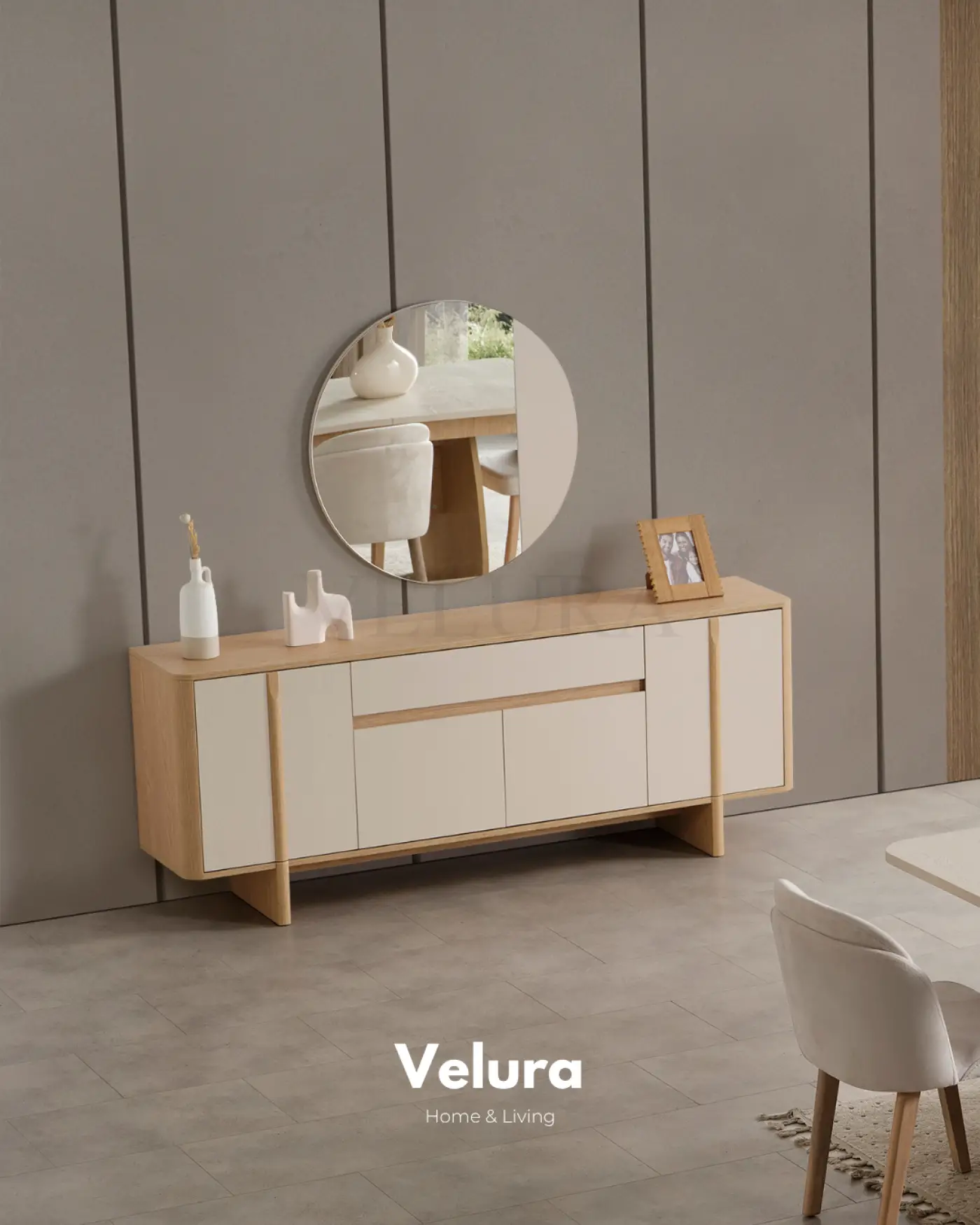 Eylül Konsol suntalam gövdeli naturel meşe krem yemek odası konsolu