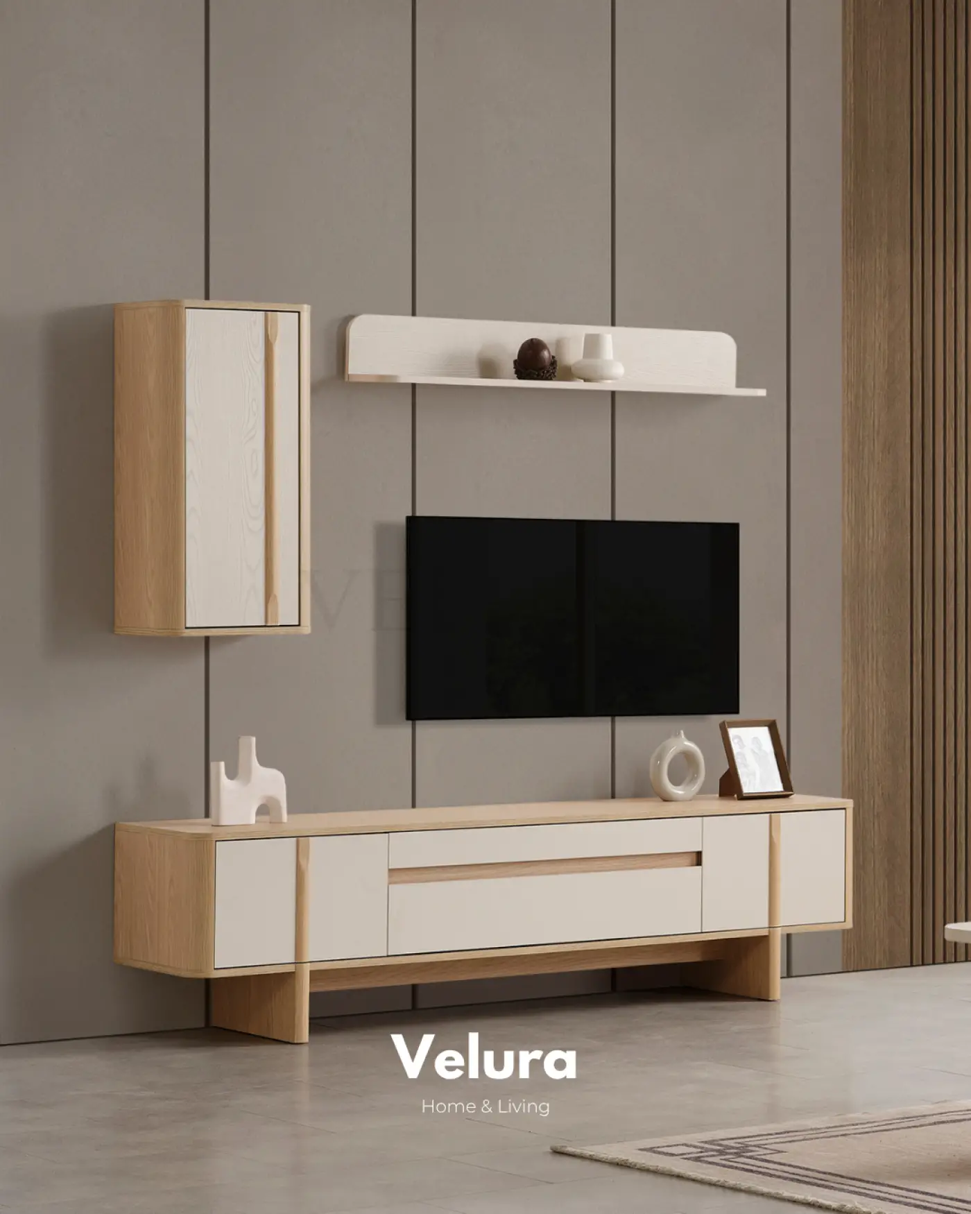 Eylül Tv Ünitesi Naturel Meşe ve Krem modern salon tv ünitesi