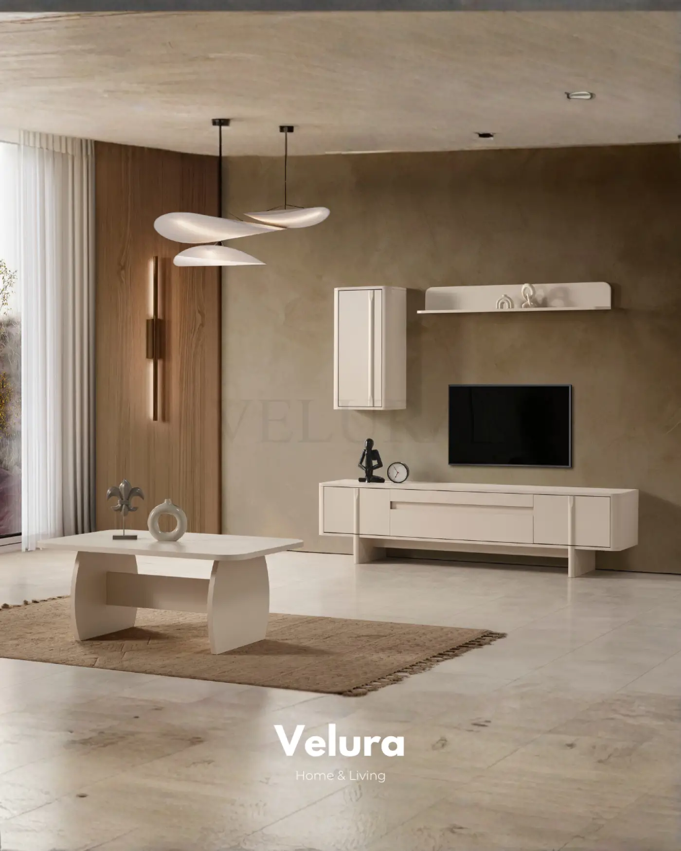Yerden yüksek Eylül Tv Ünitesi Krem salon mobilyası