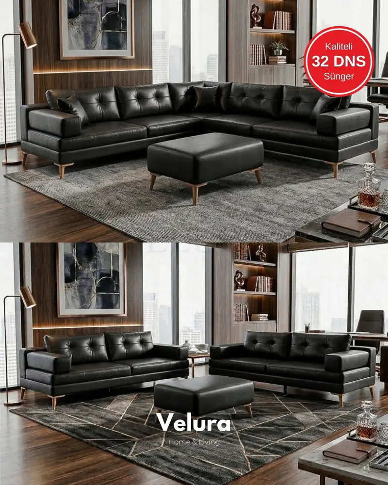 Zeri Siyah (Suni Deri) Puzzle Modüler Köşe Koltuk Takımı Zeri Siyah (Suni Deri) Puzzle Modüler Köşe Koltuk Takımı