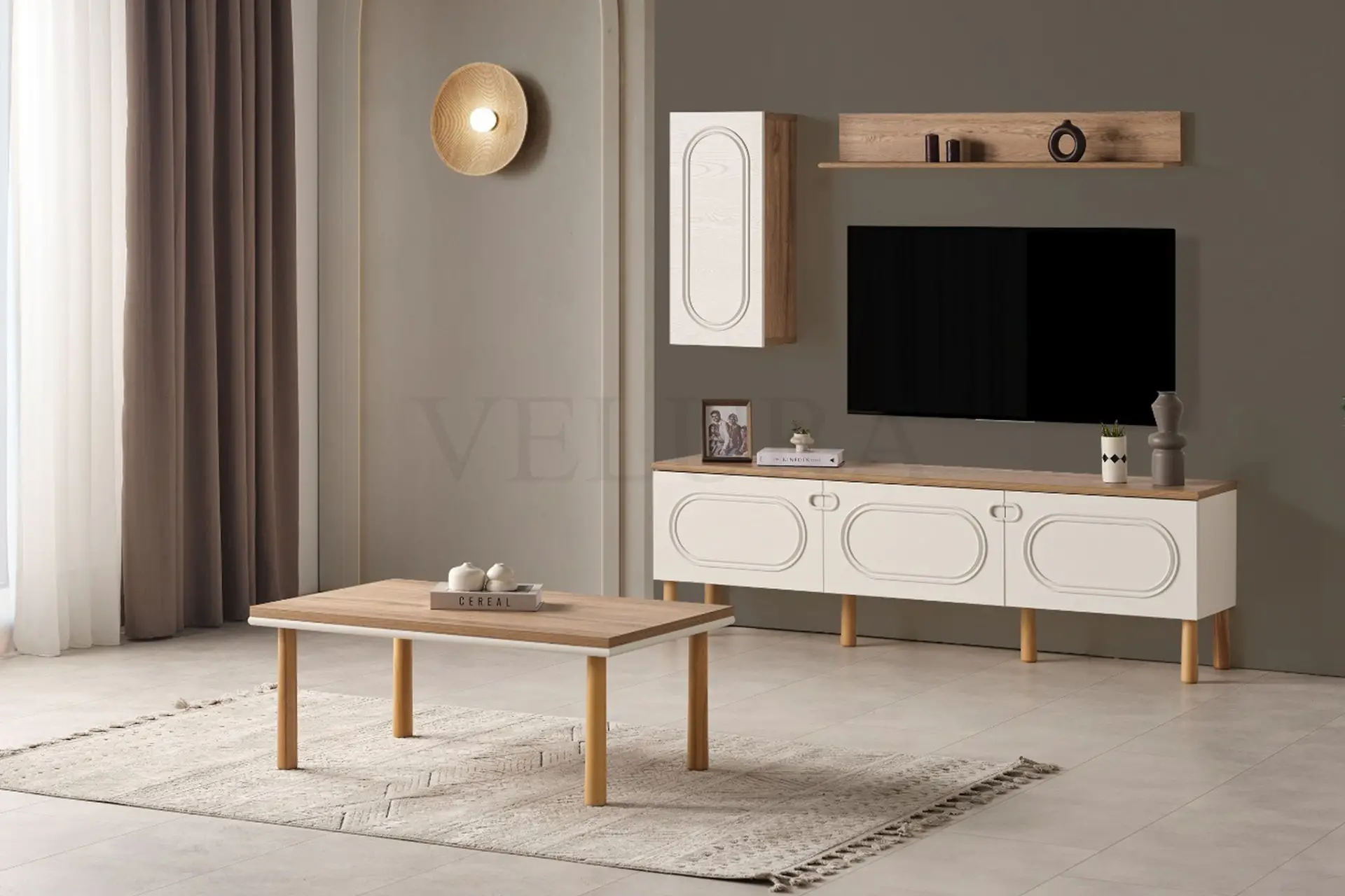 Velura Home Derin tv ünitesi krem renk bohem salon mobilyası