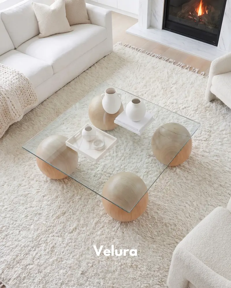 Küre Orta Sehpa - Meşe Top - Kare - Şeffaf Cam