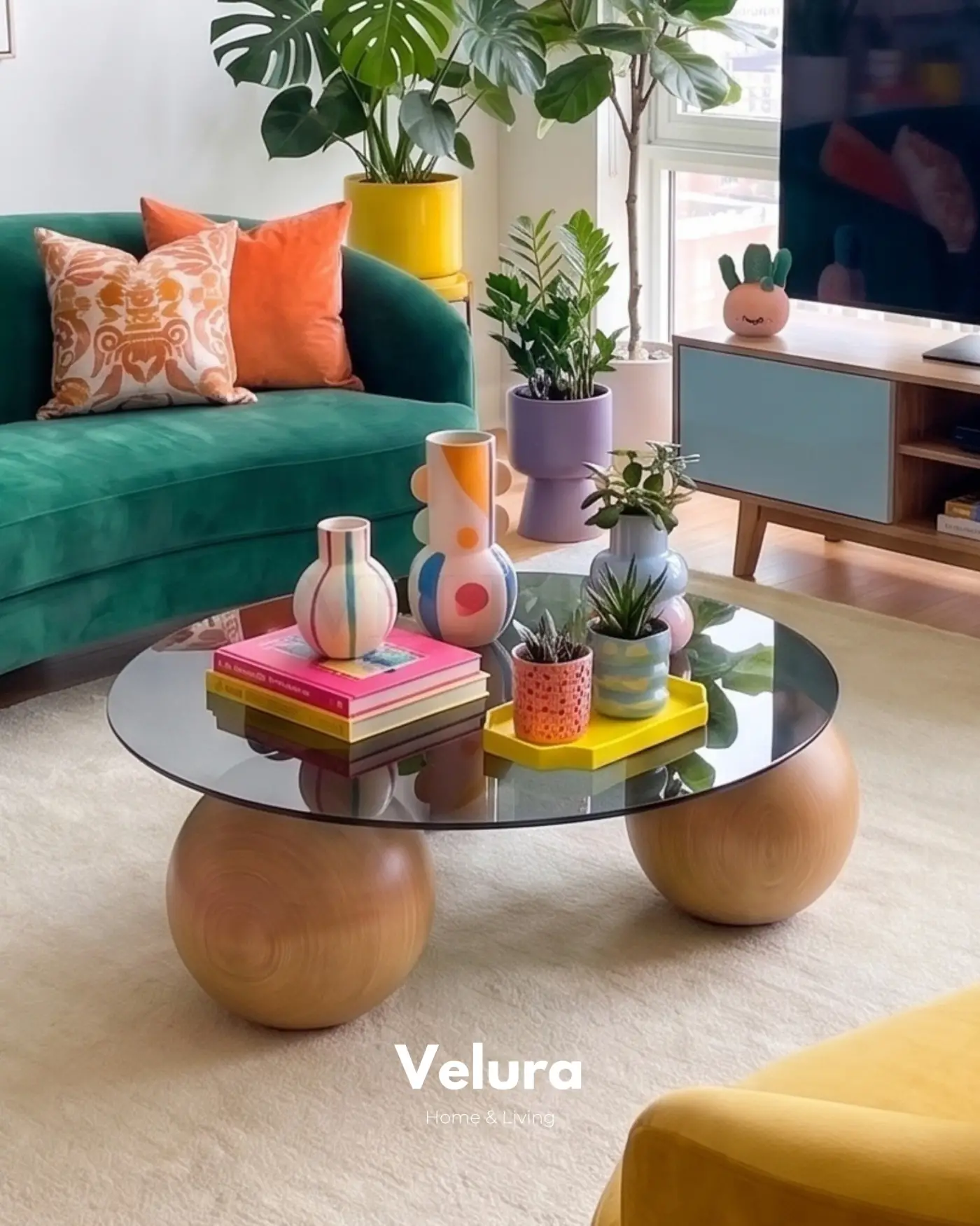 Meşe Toplu Modern Yuvarlak Füme Cam Sehpa