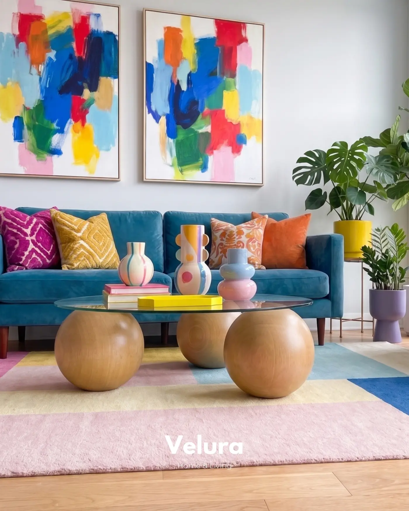 Modern Salon İçin Meşe Küre Ayaklı Yuvarlak Cam Sehpa