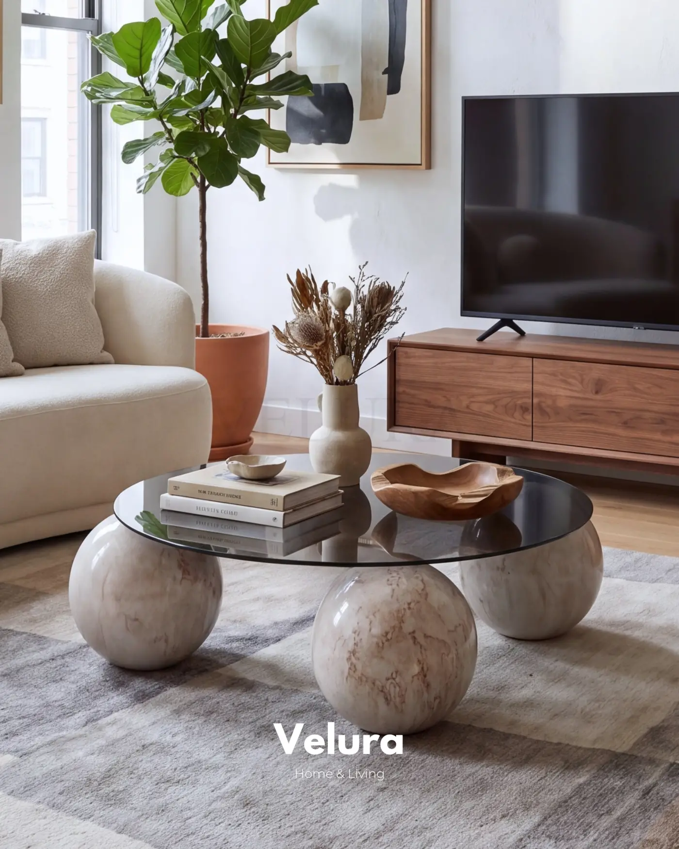 Küre Orta Sehpa Pleks Mermer Yuvarlak Füme Cam Modern Tasarım