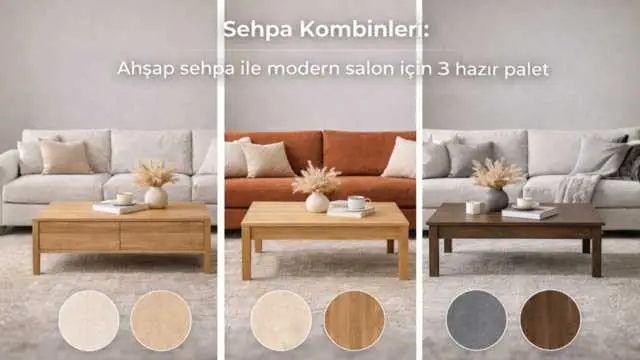 Sehpa Kombinleri: Ahşap sehpa ile modern salon için 3 hazır palet