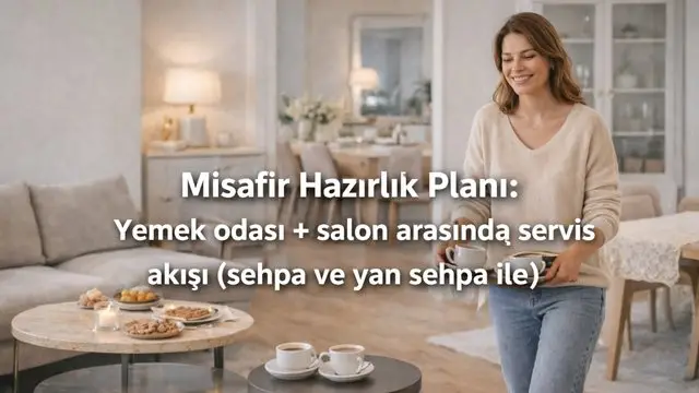 Misafir Hazırlık Planı: Yemek odası + salon arasında servis akışı (sehpa ve yan sehpa ile)