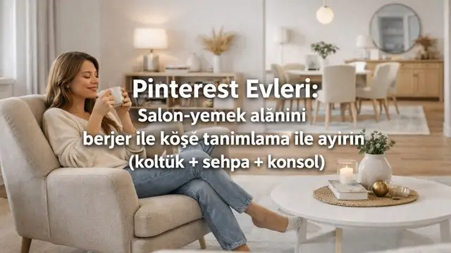 Pinterest Evleri: Salon-yemek alanını berjer ile köşe tanımlama ile ayırın (koltuk + sehpa + konsol)