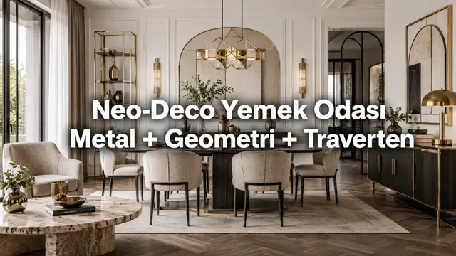 Neo-Deco Yemek Odası: Metal detaylar + geometrik formlar + traverten görünümlü sehpa dokunuşu