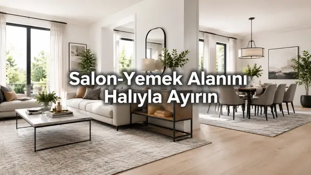 Pinterest Evleri: Salon-yemek alanını halıyla bölgeleme ile ayırın (koltuk + sehpa + konsol)