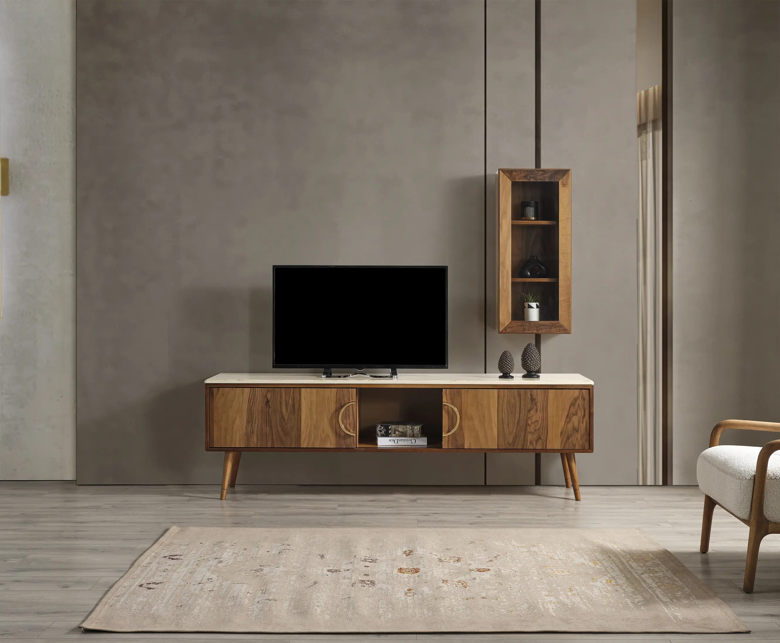 Luna TV Ünitesi – Ceviz ve Traverten Luna TV ünitesi ceviz traverten desen