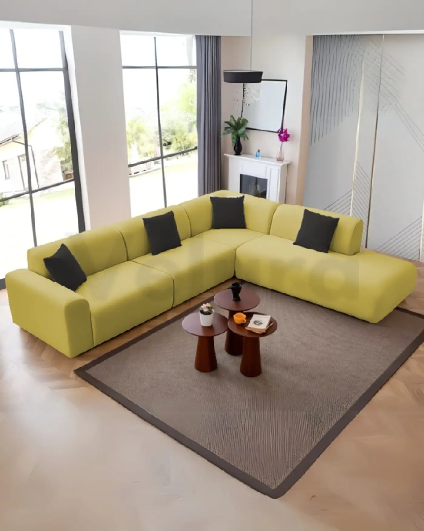 Mila Köşe Takımı – Sarı Renkli Modern L Koltuk Modeli Mila Köşe Takımı Sarı – Modern L koltuk, bukle kumaş, geniş oturum