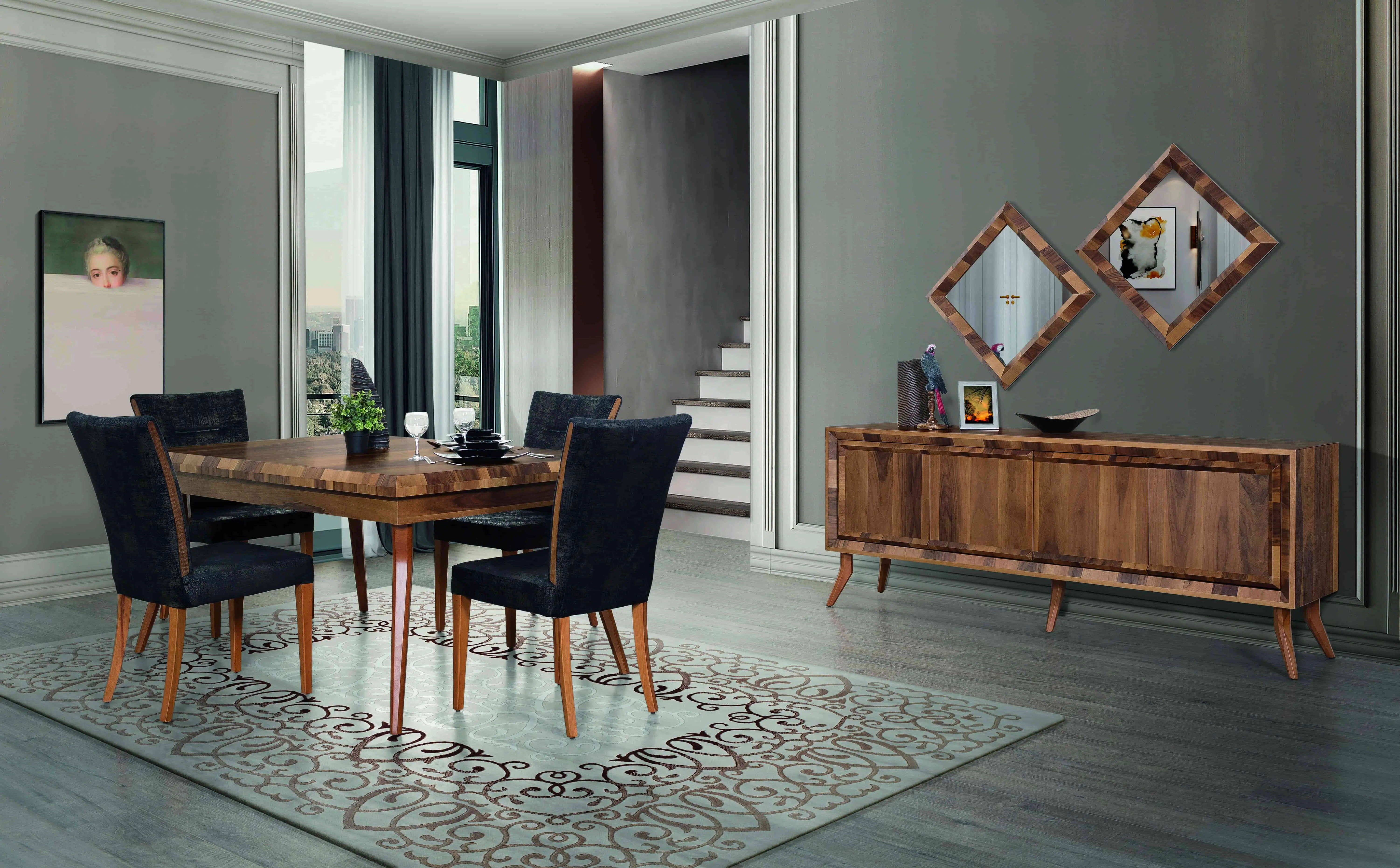 Marif Yemek Takımı – Desenli Ceviz Modern Tasarım Velura Home ceviz renk yemek takımı modelleri