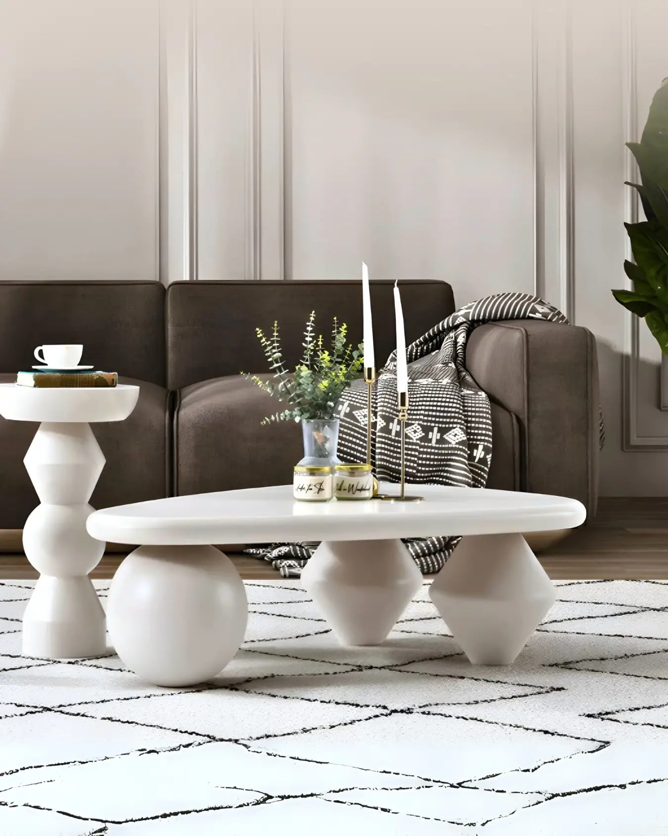 Velura Home Beyaz MDF Üçgen Orta Sehpa Selly küre ayaklı beyaz üçgen orta sehpa