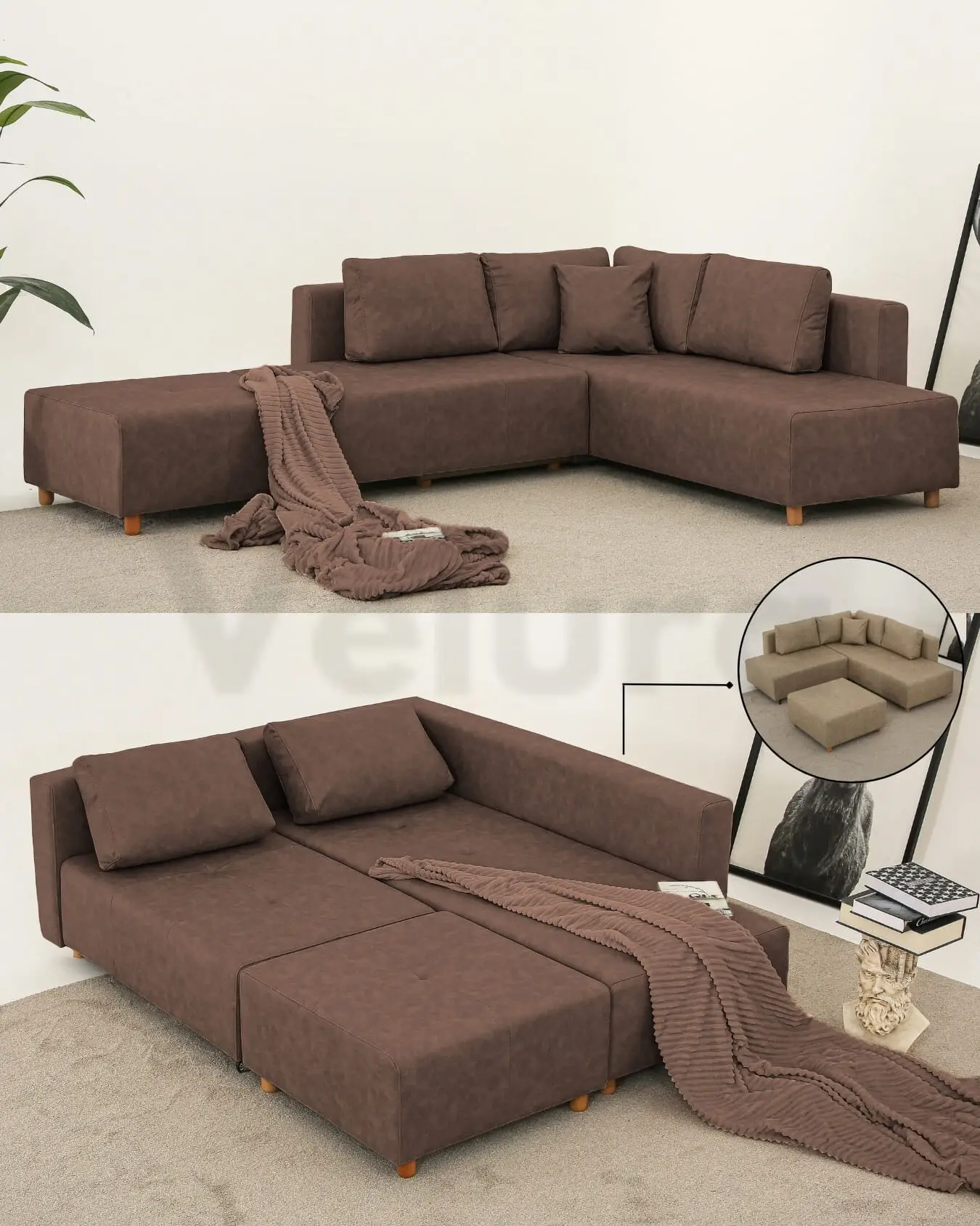 Zed Açık Kahve Nubuk Köşe Koltuk Takımı modern tasarım